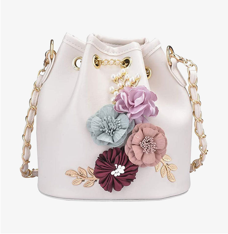 PU Leather Flower Drawstring Bucket Bag