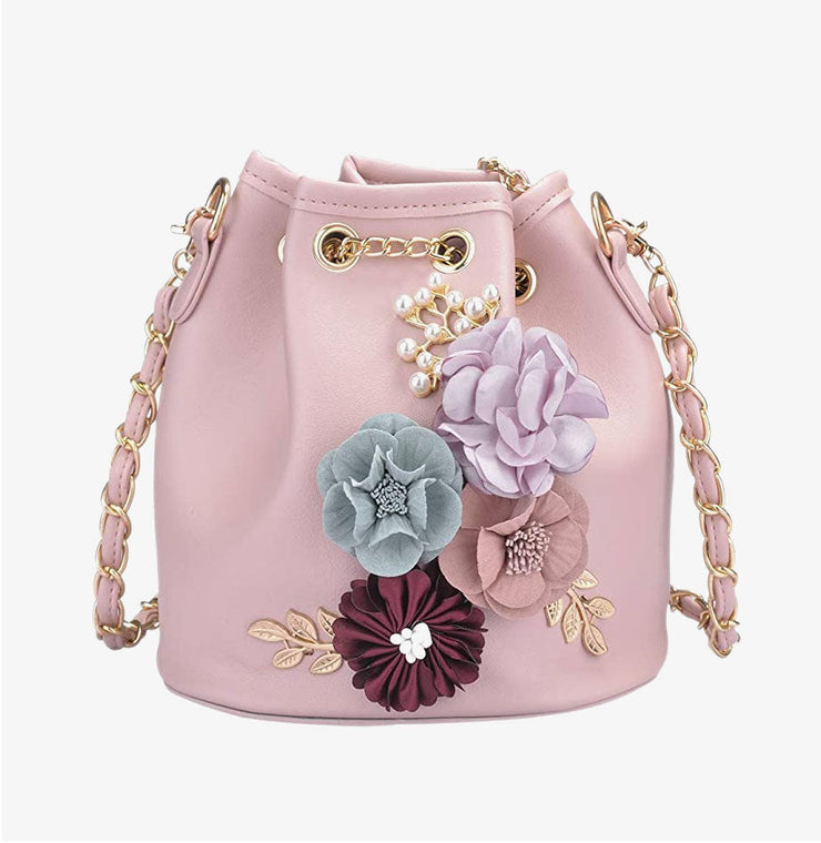 PU Leather Flower Drawstring Bucket Bag